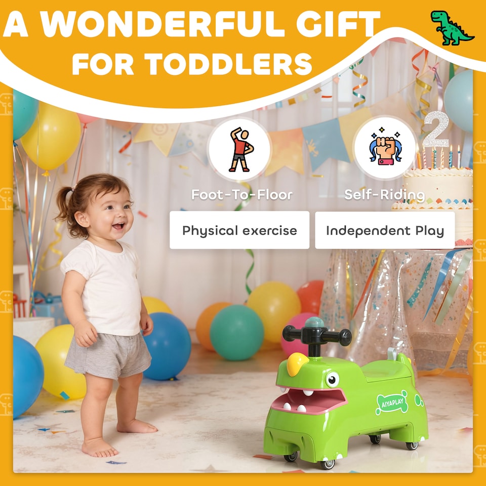 image 1 of AIYAPLAY Kids Ride On Car, Dinosaur Shape Toddler Walker, Green