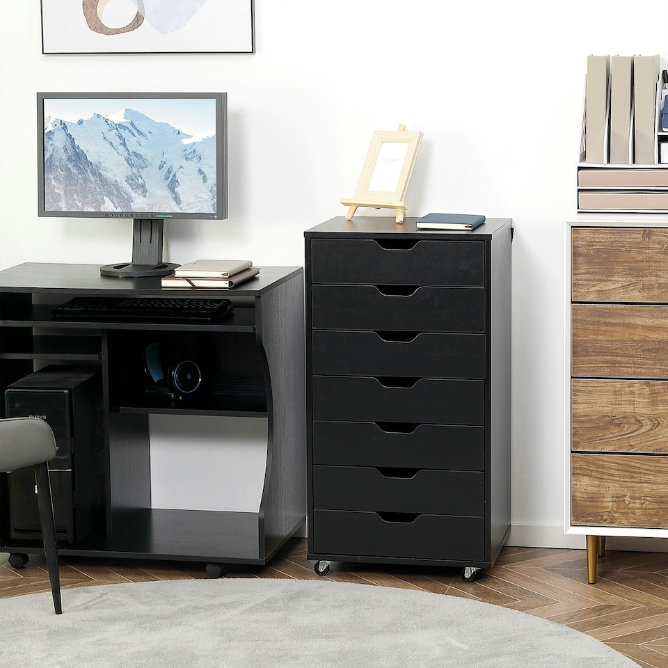 image 1 of Vinsetto Mobile Filing Cabinet, 7-drawer File Cabinet with Wheels, Black