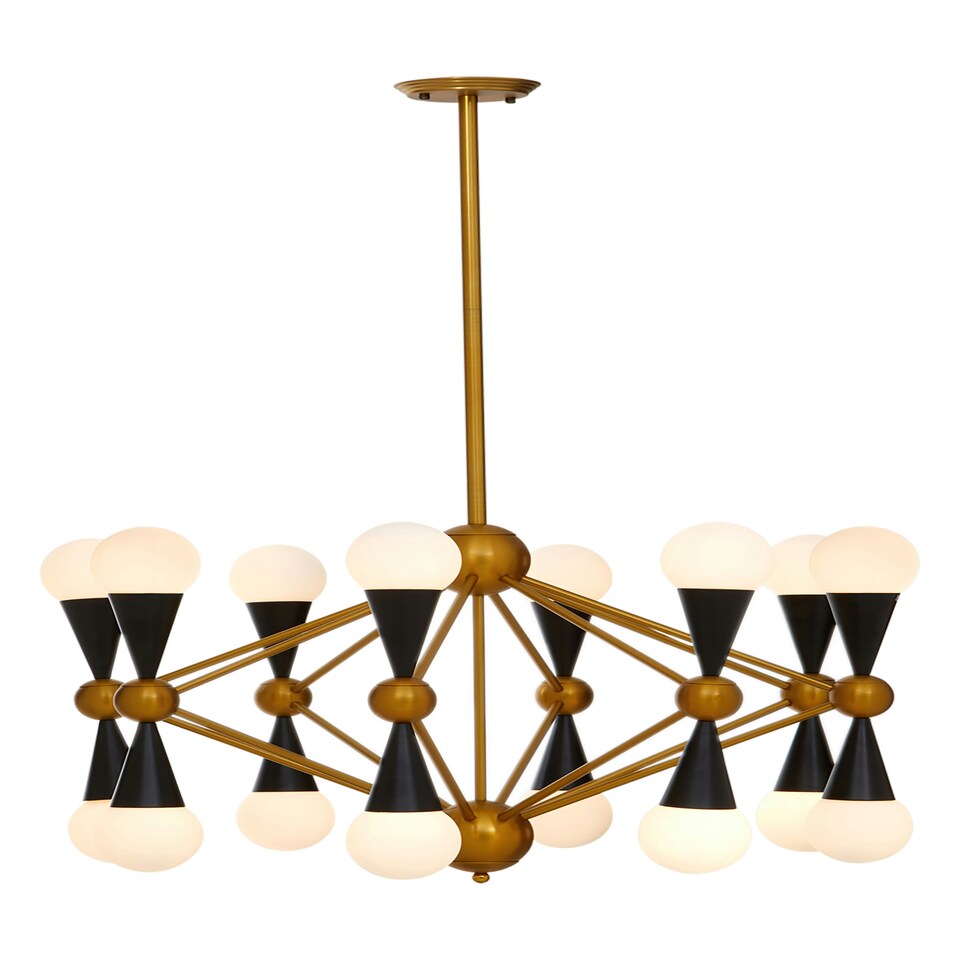 image 1 of Interiors by Premier Brass And Black Metal Pendant Light, Contemporary 16 Bulb Ceiling Light With White Glass Shades