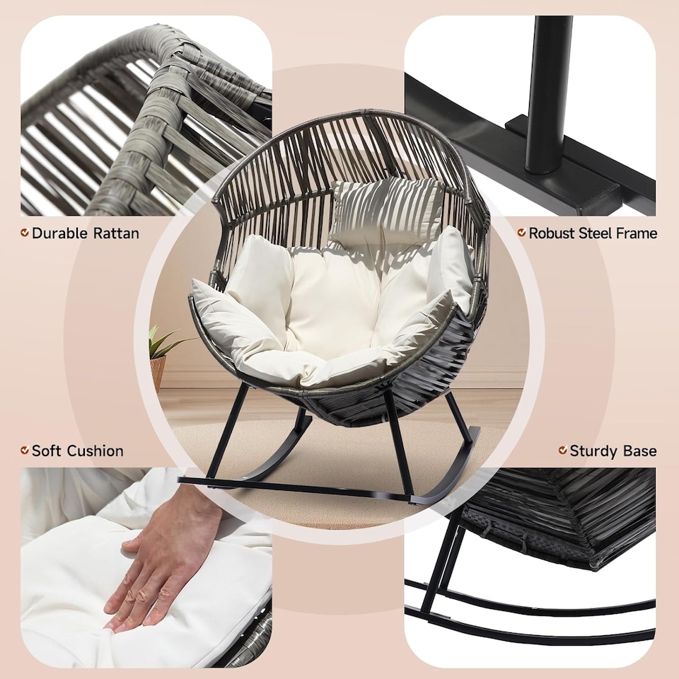 image 1 of Oversized PE Rattan Rocking Chair with Thick Cushion