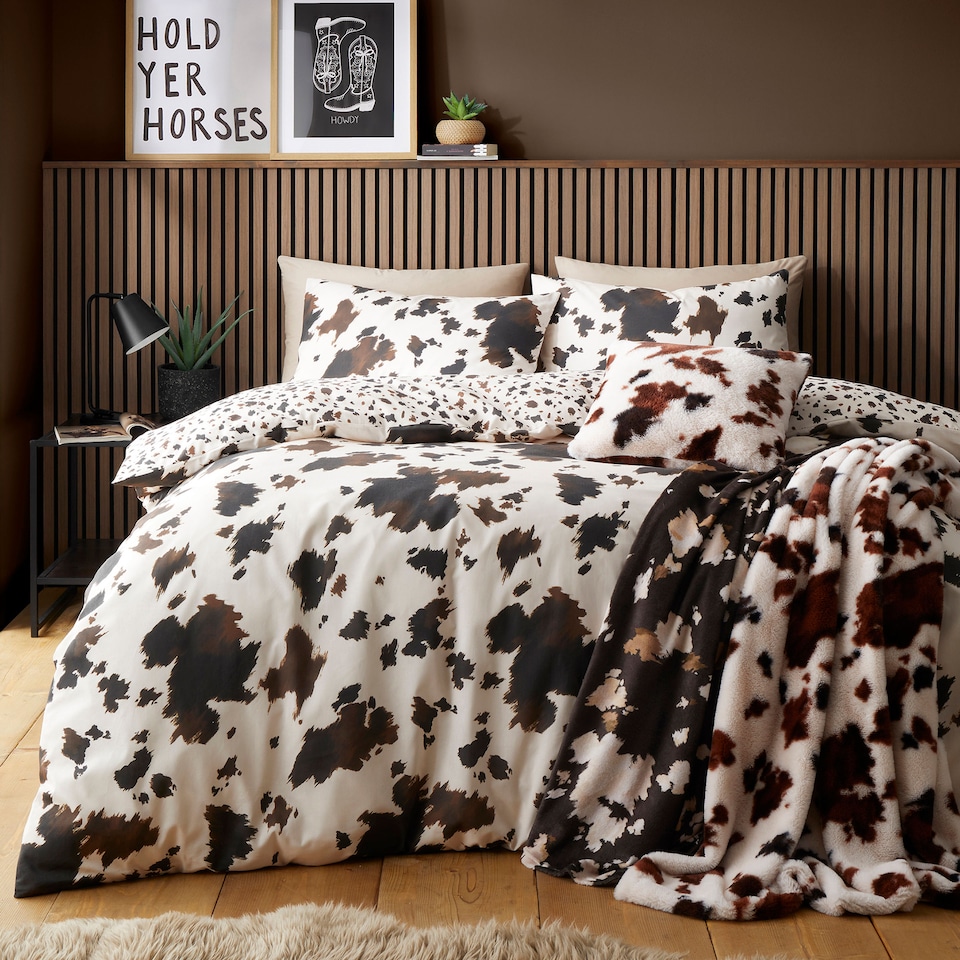 image 1 of Fusion Cow Print Faux Fur Bedspread Natural