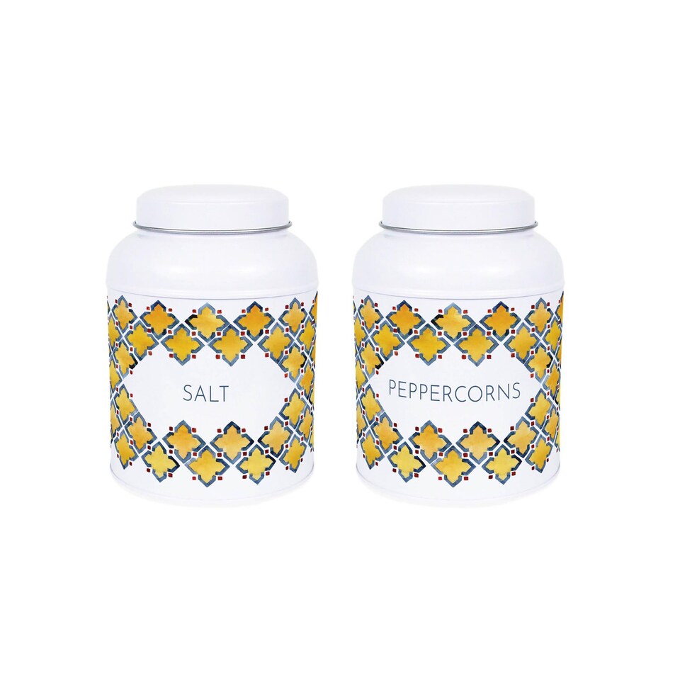 image 1 of Portuguese Tile Salt & Peppercorn Canisters - Small Kitchen Seasoning Jars