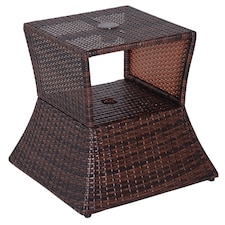 Outsunny Rattan Outdoor Coffee Table, Wicker Garden Patio Bistro Side Table with Umbrella Hole and Storage Space for Balcony, Porch, Brown