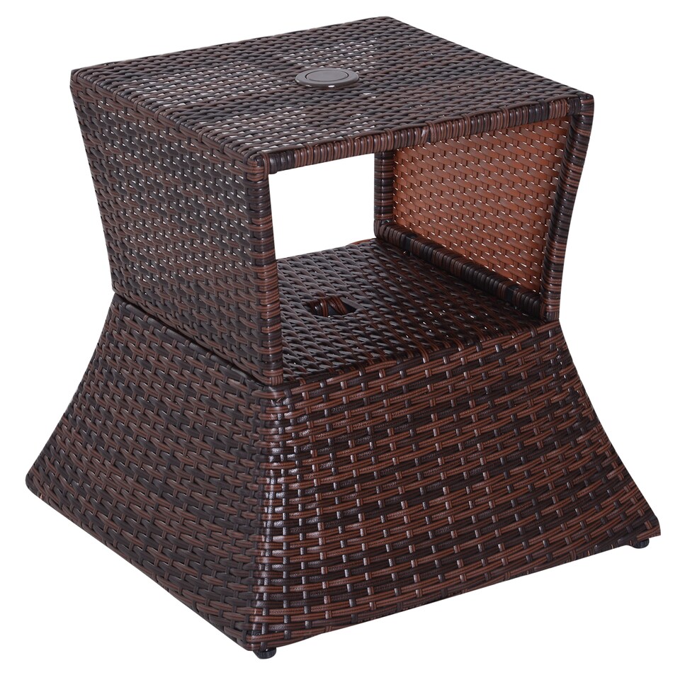image 1 of Outsunny Rattan Outdoor Coffee Table, Wicker Garden Patio Bistro Side Table with Umbrella Hole and Storage Space for Balcony, Porch, Brown
