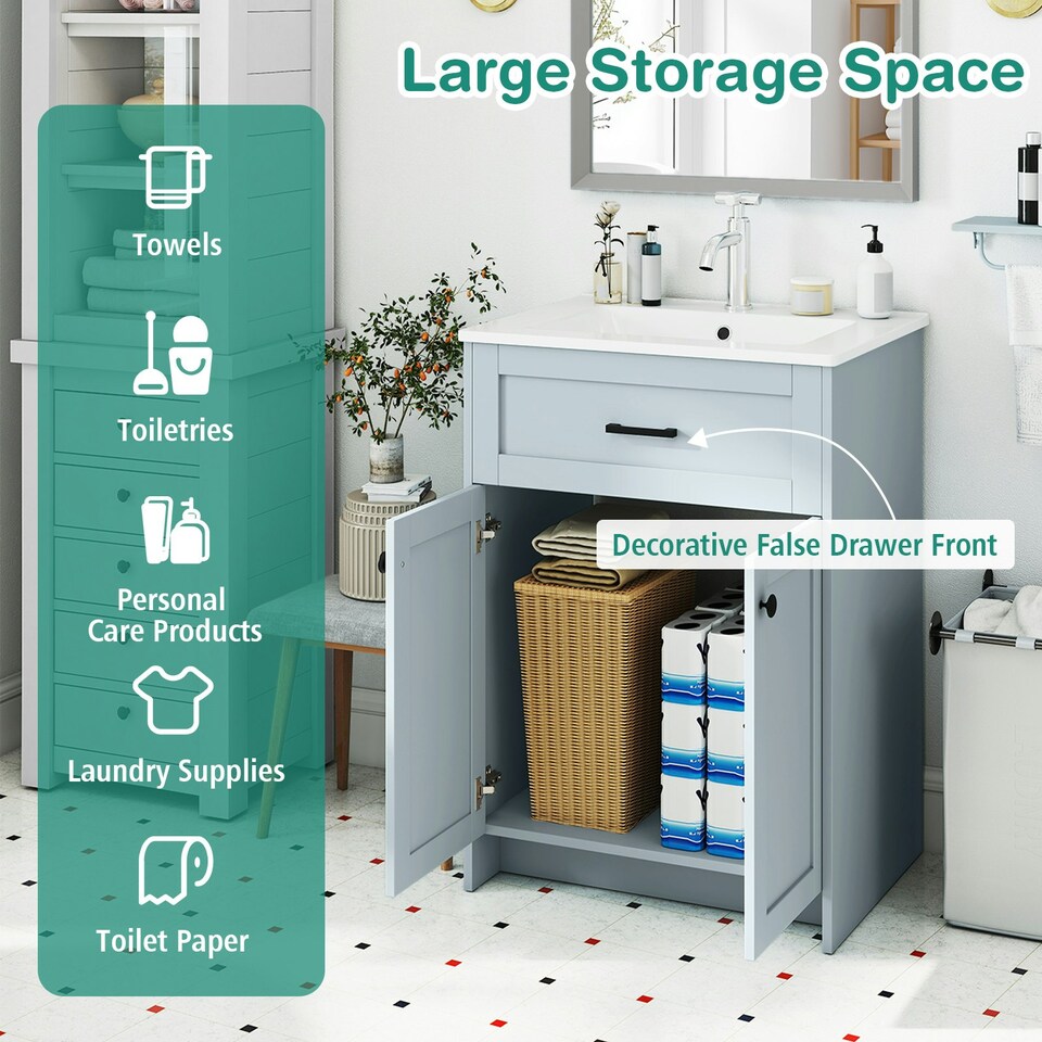 image 1 of COSTWAY Bathroom Vanity Storage Cabinet w/2 Doorsy Grey