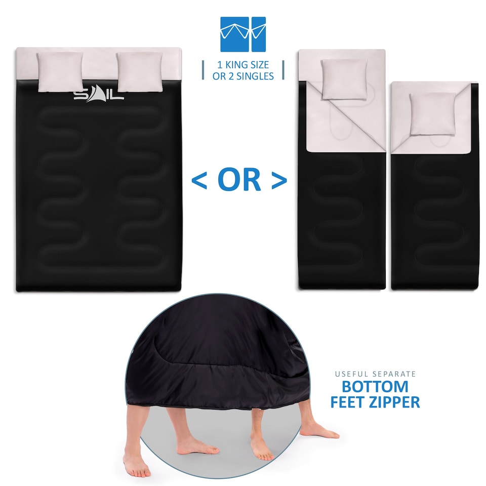 image 1 of SAIL Buddy Double Sleeping Bag with 2 Pillows - Extra Large 220x150cm, 250GSM, Water-Resistant