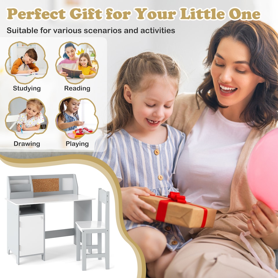 image 1 of COSTWAY Kids Table and Chair Set Children Study Table With  Hutch-Grey