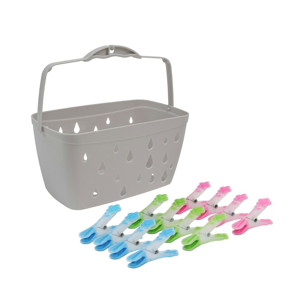 image 1 of JVL Plastic Peg Basket, Grey with 24 Prism Soft Touch Flower Design Plastic Pegs, Multi