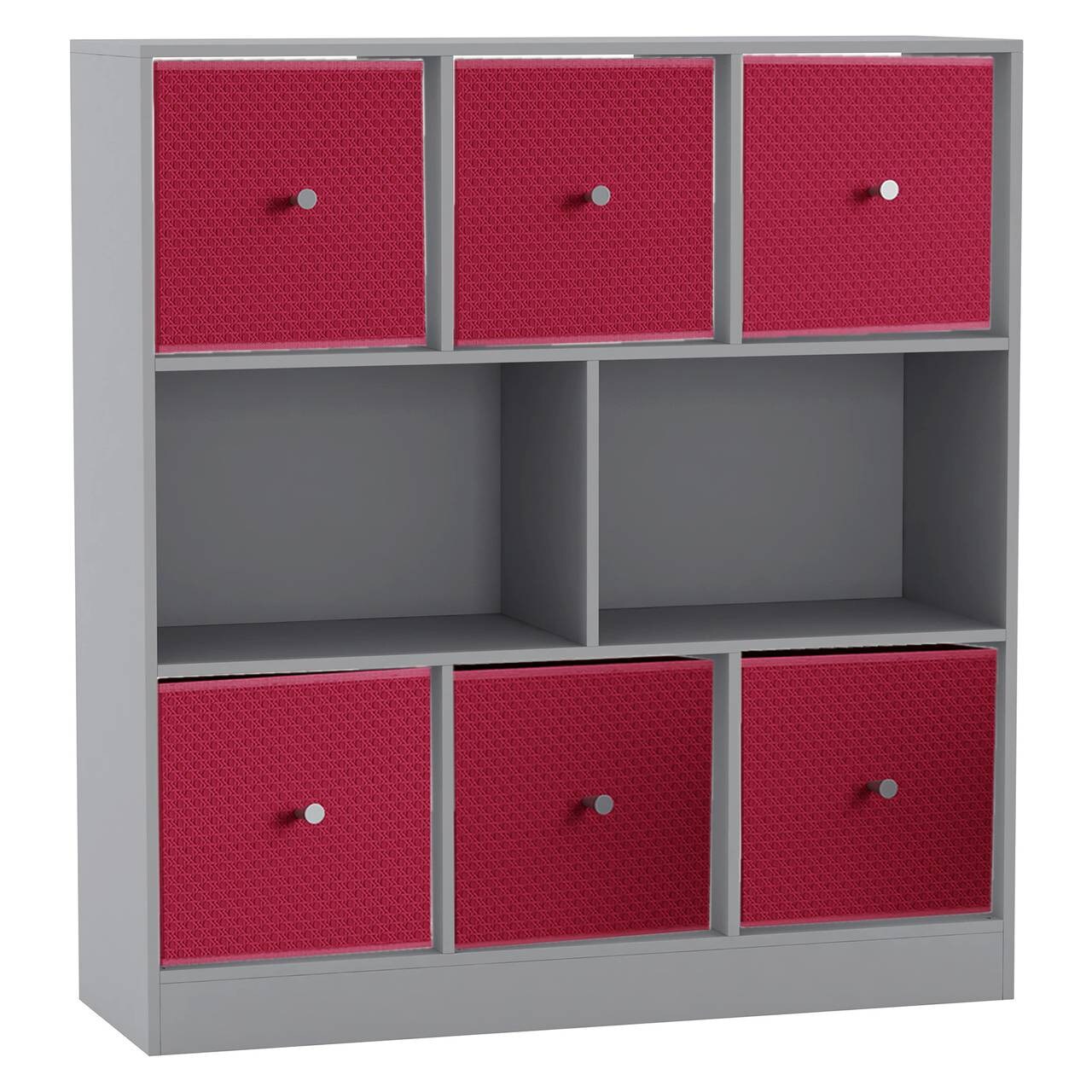 Asymmetrical 8 Cube Bookcase Unit w/ 6 Drawer Inserts Grey Grey & Fuchsia 8