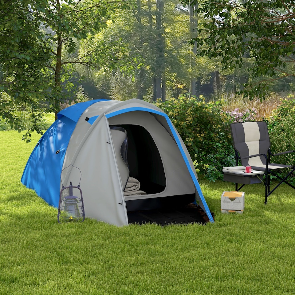 image 1 of Outsunny 2 Man Camping Tent with Living Area, 2000mm Waterproof, Blue