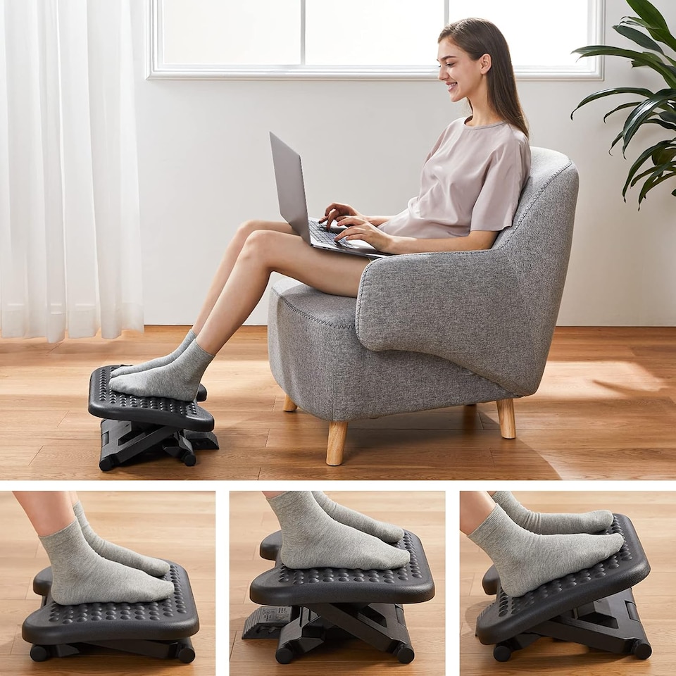 image 1 of Adjustable Under Desk Footrest with Massage Surface & Tilt Function | Ergonomic Foot Rest Stool for Office Desk, Home Working & Gaming | 3 Height Adjustable Foot Support with Non-Slip Base