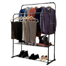 Double Clothes Rail Heavy Duty Metal with Shoe Rack Garment Hanger Hat Bag Hooks Black | One Size
