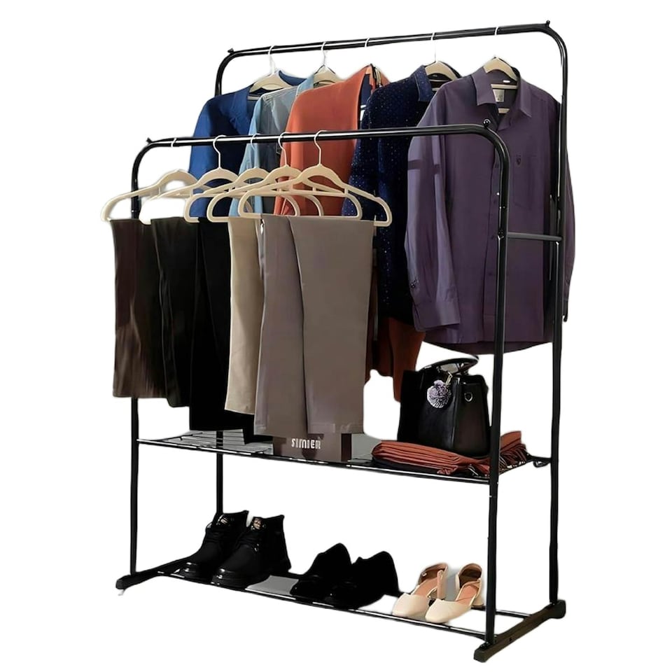 image 1 of Double Clothes Rail Heavy Duty Metal with Shoe Rack Garment Hanger Hat Bag Hooks Black | One Size
