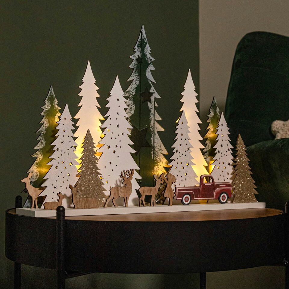 image 1 of 31cm Battery Operated Light up Wooden Christmas Tree with Deer and 15 Warm White LEDs