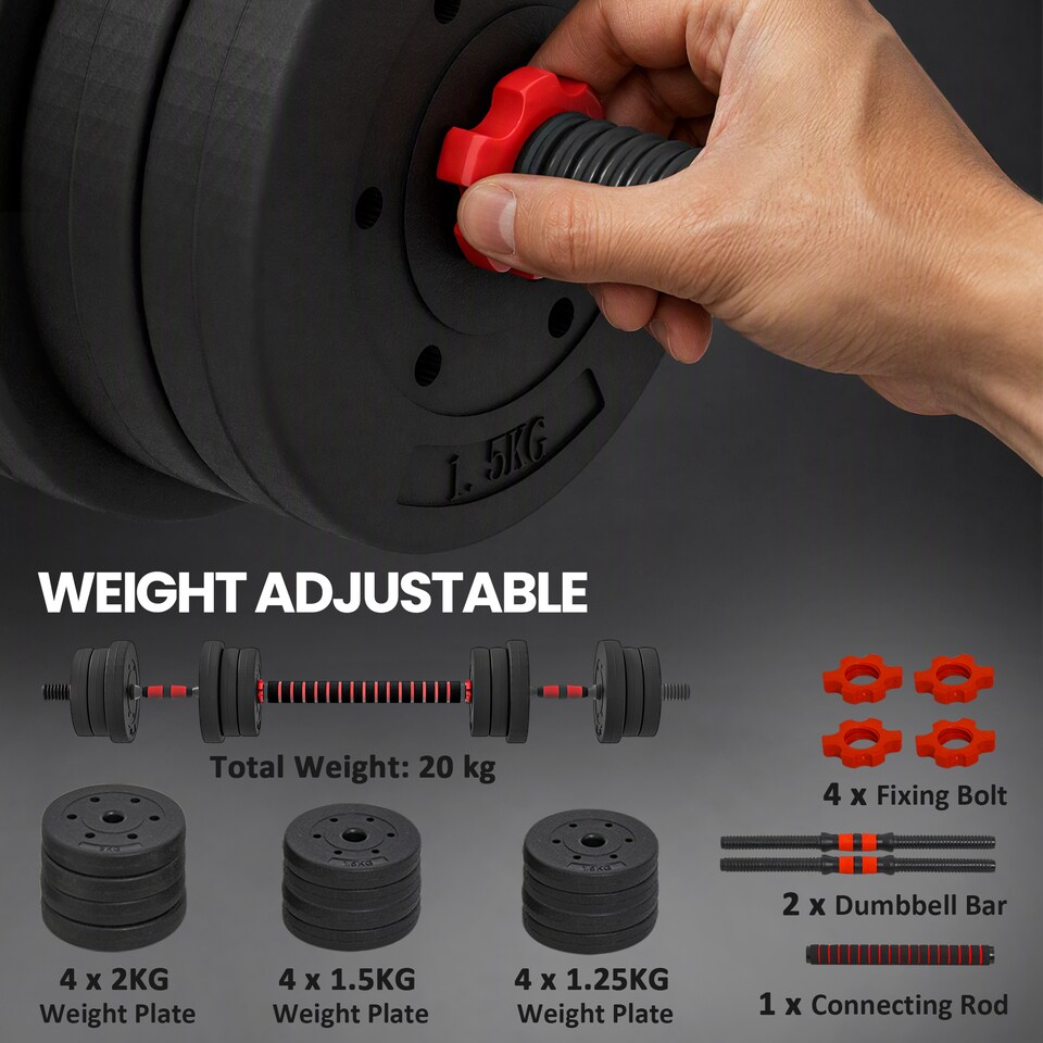 image 1 of HOMCOM 20kg Adjustable 2 IN 1 Barbell Dumbbells Weight Set for Body Fitness | Black | Black | Standard