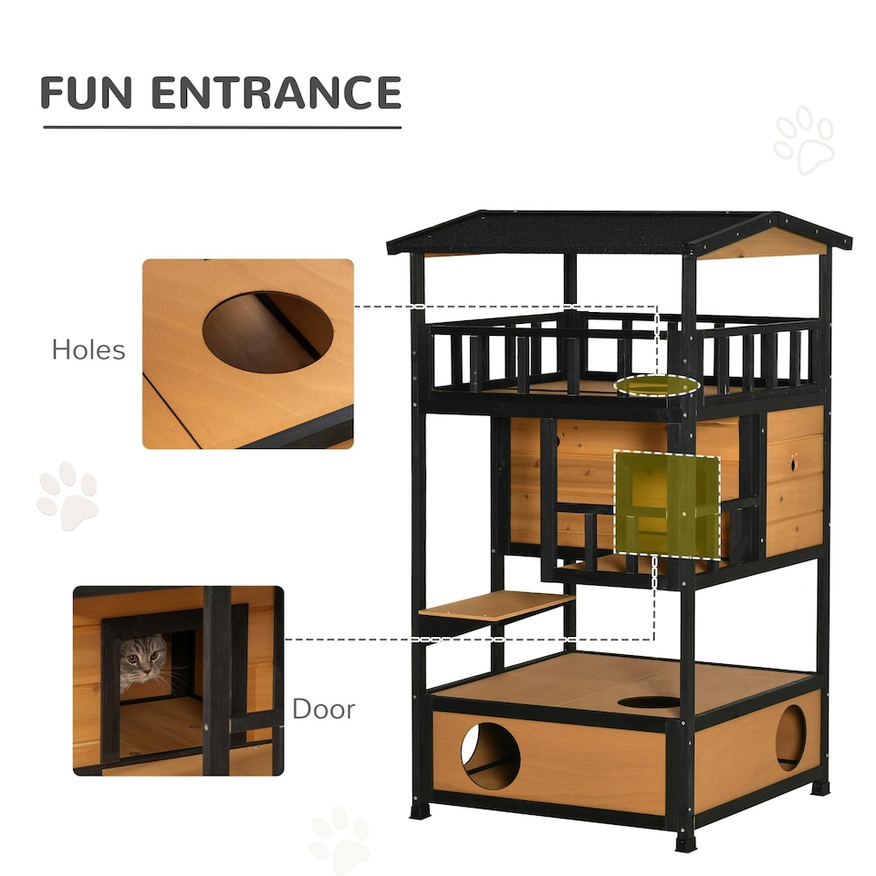 image 1 of PawHut Wooden Outdoor Cat House 3-Tier Kitten Shelter w/ Tilted Roof Yellow