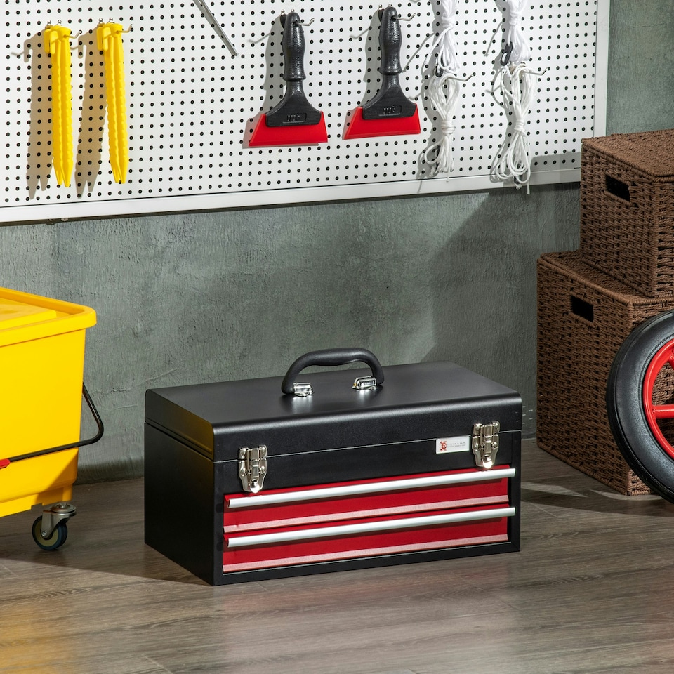 image 1 of DURHAND Lockable 2 Drawer Tool Chest with Ball Bearing Slide Drawers Black Black | Red