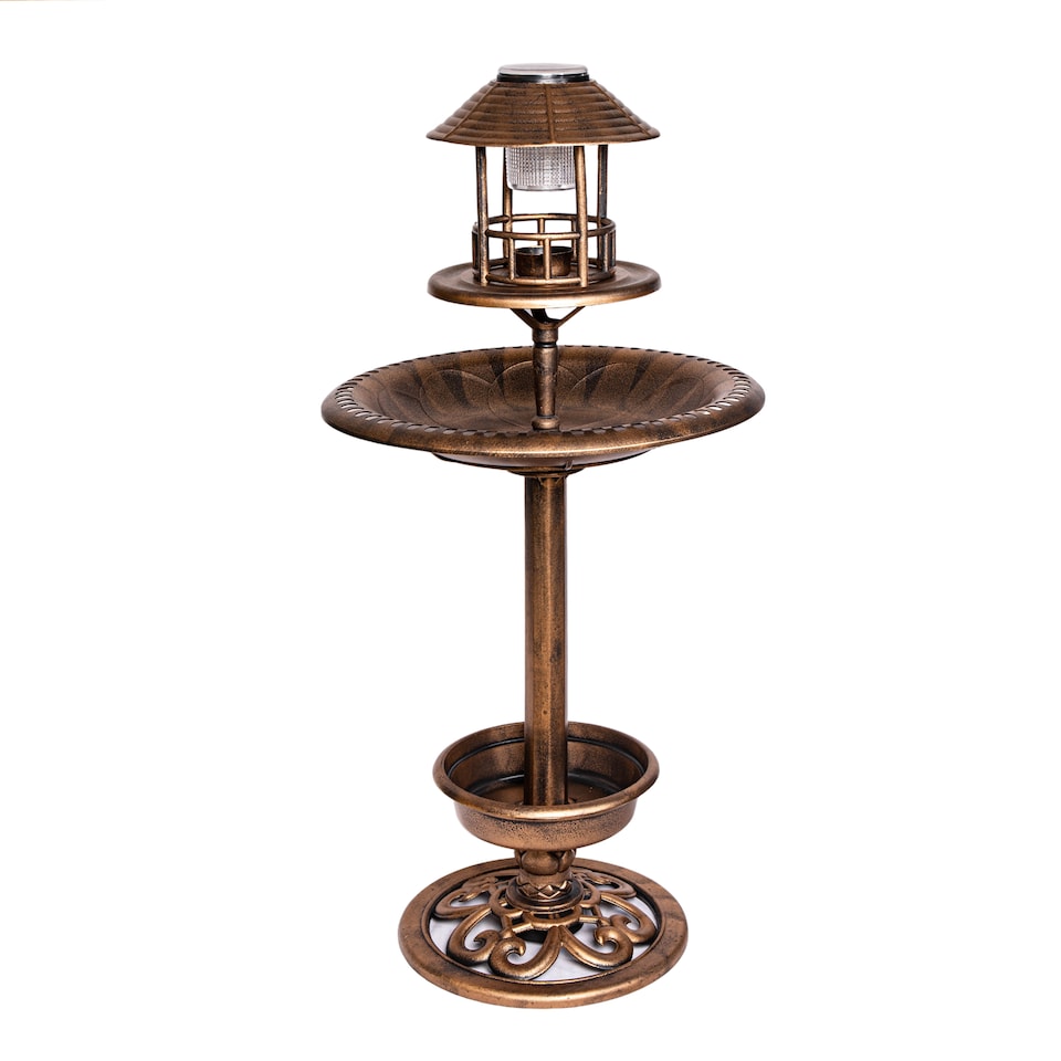 image 1 of 1.1m Bronze Effect Resin Garden Bird Bath & Table with Solar Light | Bronze | Bronze