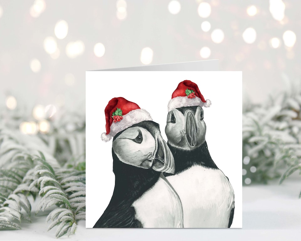 Libra Fine Arts Gemini the Puffins Festive Red Hat Christmas Card 1 Pack