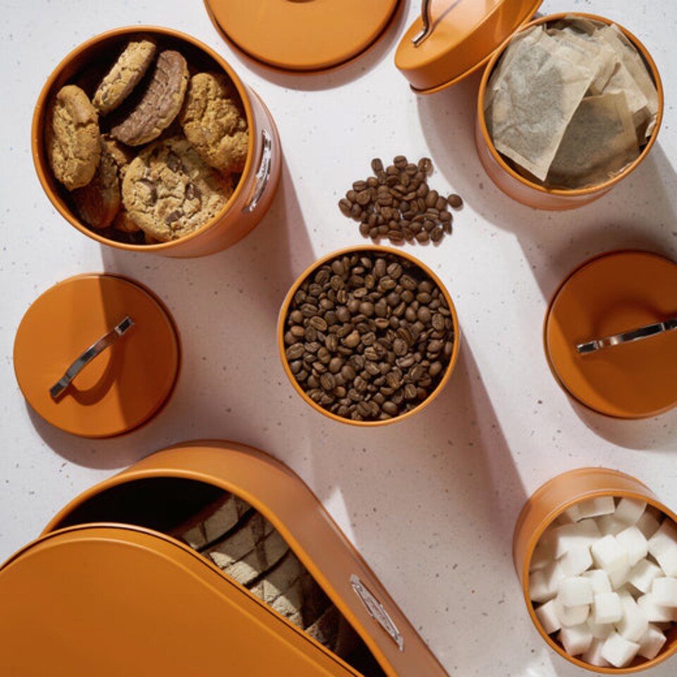 image 1 of Cooks Professional 3 Piece Kitchen Storage Set – Tea, Coffee & Sugar Cannisters | Orange | Orange & Silver