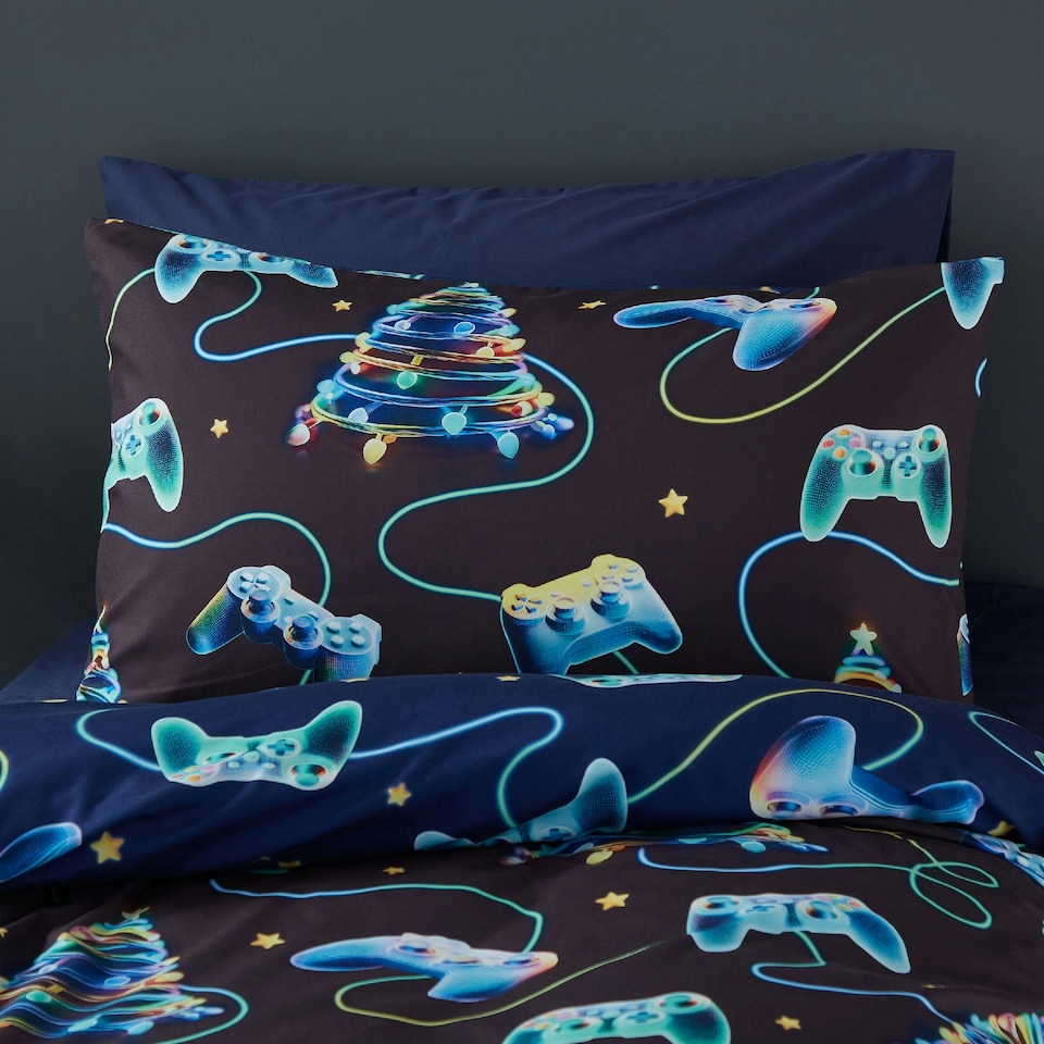 image 1 of Catherine Lansfield Christmas Gamer So Soft Reversible Duvet Cover Set Navy Blue | Blue | Navy Blue | Single