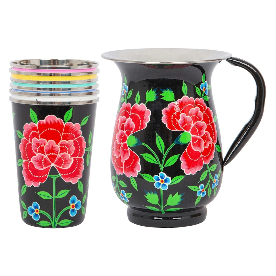 image 1 of BillyCan Hand-Painted Picnic Water Jug with 400ml Multicolour Cups - 1.7L - Carbon Peony