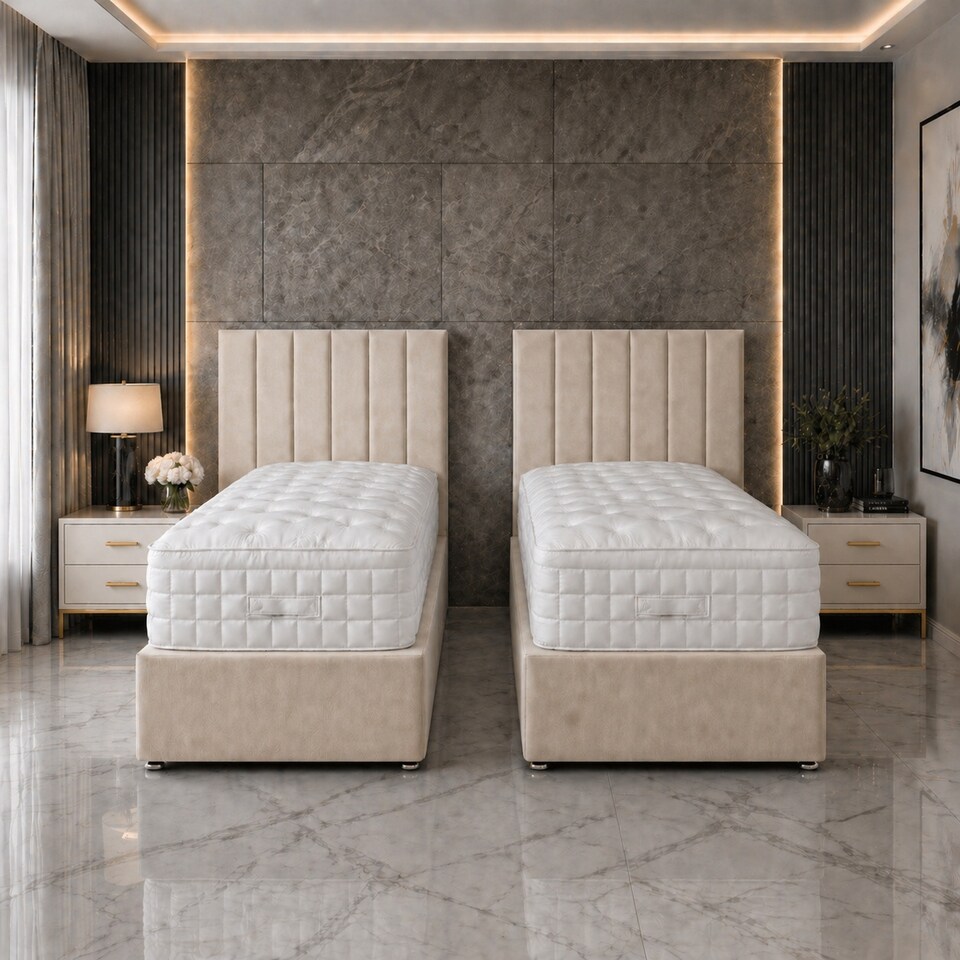 image 1 of 6ft Superking Zip Link 6x3 Length Cream Plush Divan Bed Full Set 4 Drawers