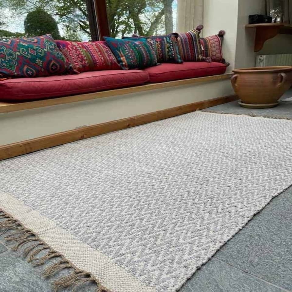 image 1 of GRETA Soft Bedroom Rug Pale Herringbone Pattern - L70 x W200 - Grey Grey