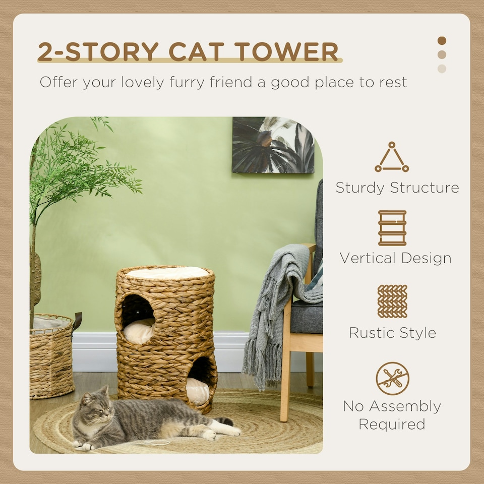 image 1 of PawHut 47cm Cat Barrel Tree for Indoor Cats w/ Two Cat Houses, Cushion