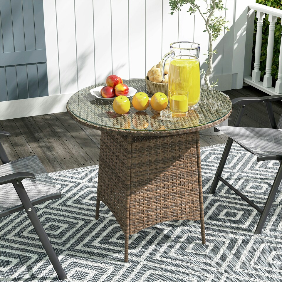 image 1 of Outsunny Patio Furniture Rattan Garden Table with Umbrella Hole 