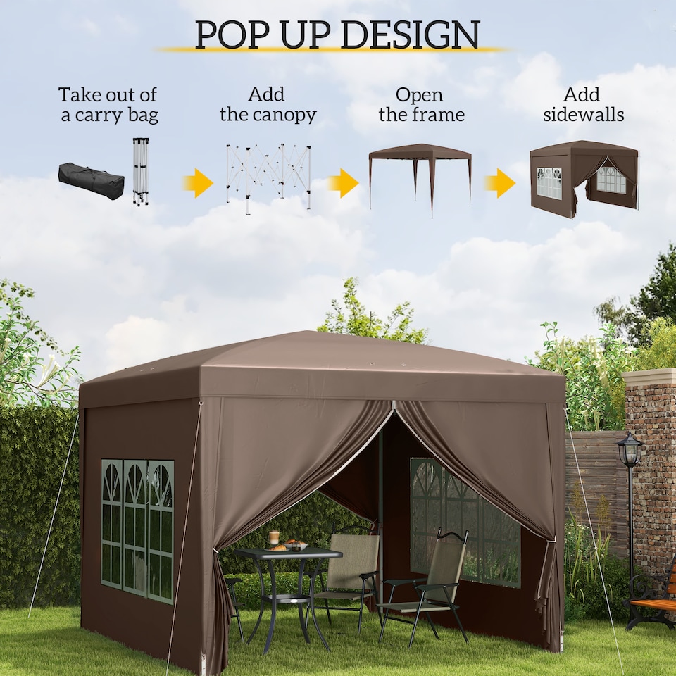 image 1 of Outsunny 3 x 3 m Garden Pop Up Gazebo, Wedding Party Tent Marquee, Water Resistant Awning Canopy with Sidewalls, Windows, Carry Bag, Coffee