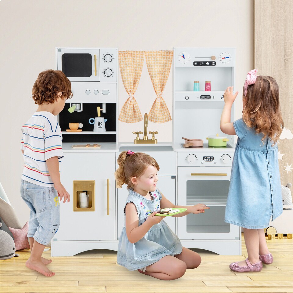 image 1 of COSTWAY Kids Kitchen Playset Toddlers Wooden Pretend Play Kitchen Cooking Toy