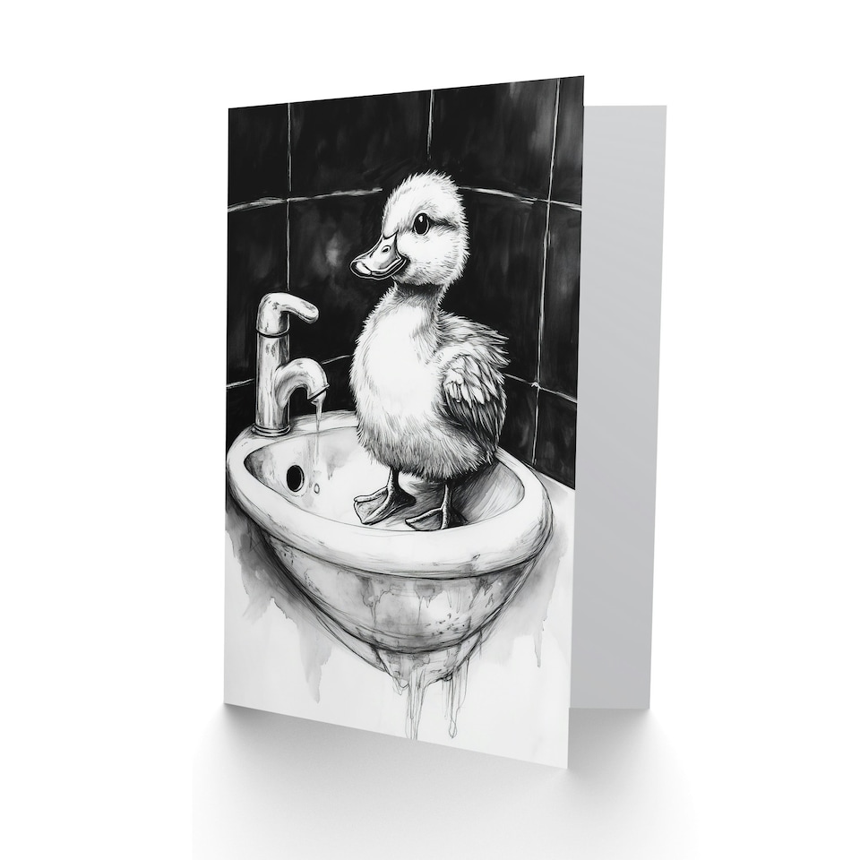 image 1 of Cute Duckling Sink Bath Time Black White Drawing Birthday Greeting Card