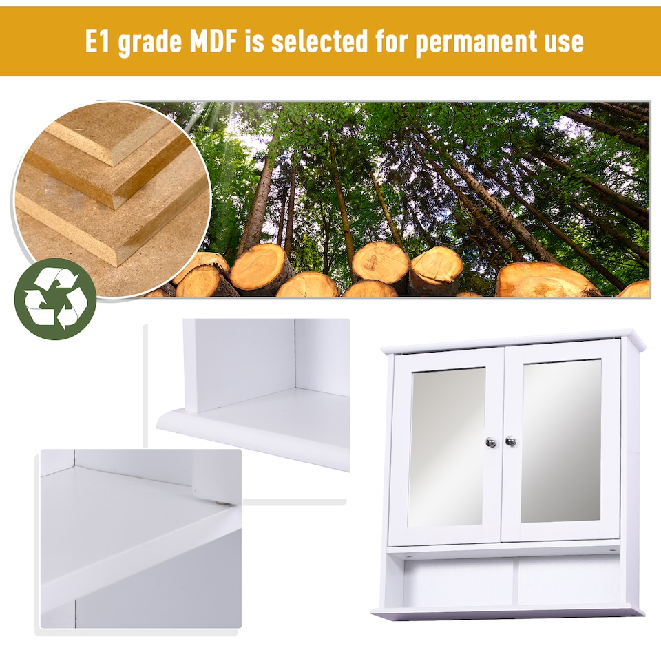 image 1 of kleankin Wall-mounted Bathroom Cabinet Mirror Door Organiser Storage Shelves Living Room White