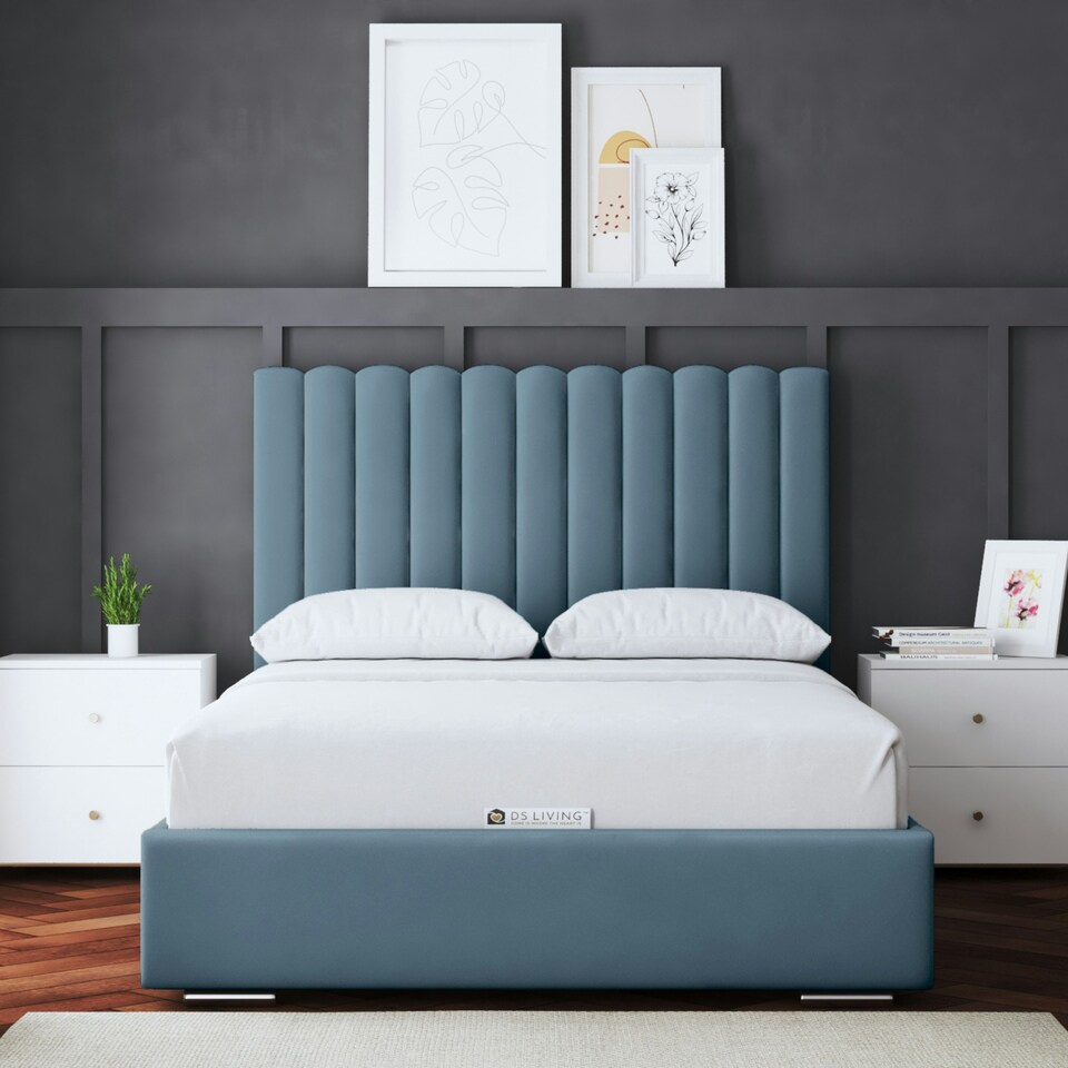 image 1 of Evangeline Divan Bed with Upholstered Headboard - Blue - Small Double / 4ft