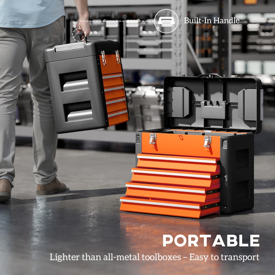 image 1 of HOMCOM 4 Drawers Large Tool Box, Powder Coated Steel Toolbowith Top Tray, Mini Parts Boxes, Ball Bearing Runners, Handle, Heavy Duty Tool Chest for Workshop, Garage, 497mm 253mm 407mm, Orange | Orange | Black | 1