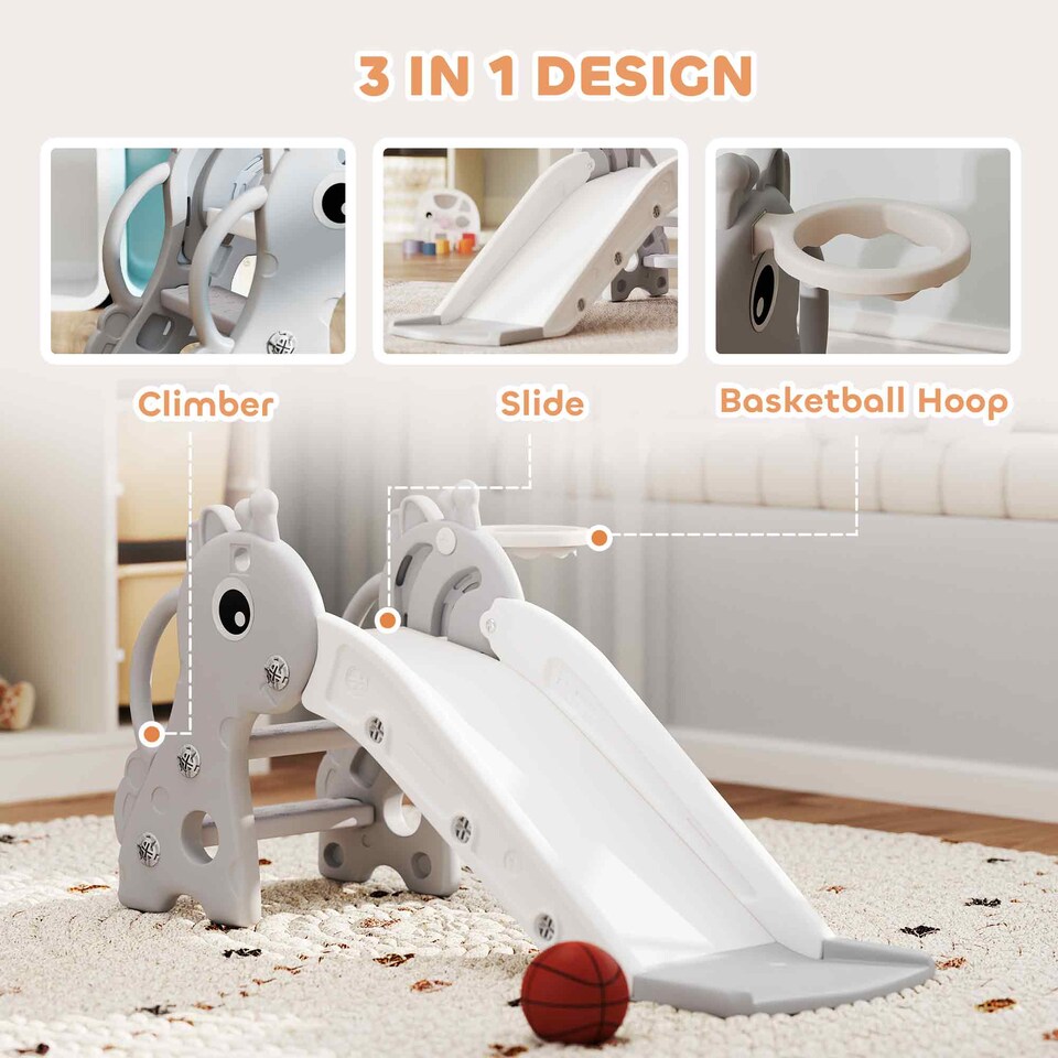 image 1 of AIYAPLAY 3 in 1 Kids Slide with Climber, Basketball Hoop and Ball, Grey