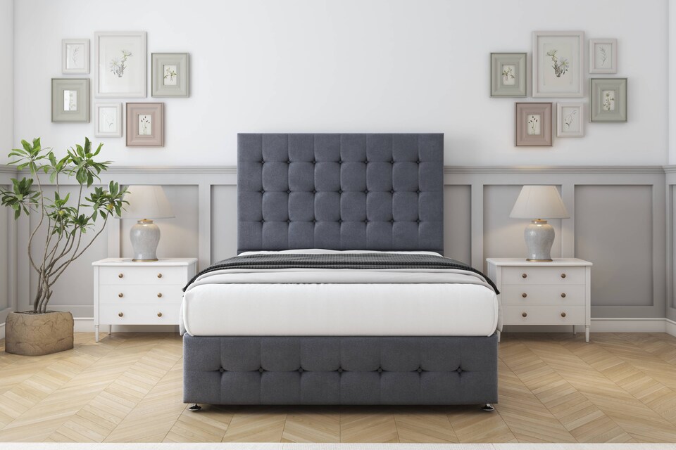 image 1 of Sloomy Berlin Steel Plush Divan Bed With Mattress 2 Drawers Footend With 54" Floor Standing Headboard & 12" Matching Footboard 6' Super King | Grey | Steel | Super King | 1