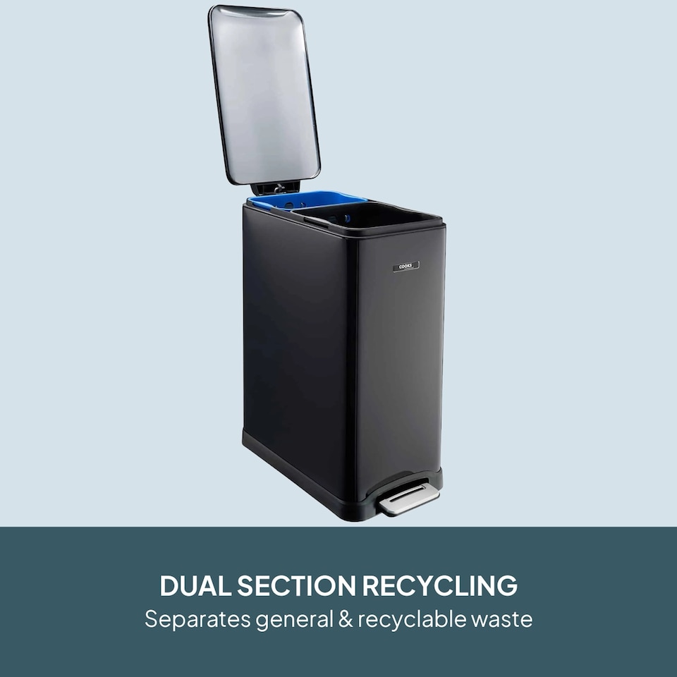 image 1 of Cooks Professional Slimline Dual Recycle Pedal Bin 50L - 2 Compartments & Soft Close Lid | Black