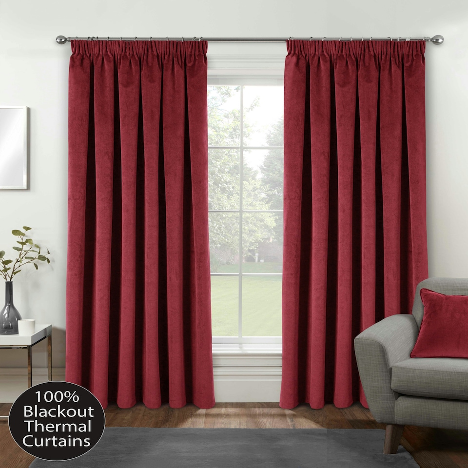 image 1 of Oxford Red Velvet Curtains 90 x 90 inch (229 x 229 cm) 100% Blackout Pencil Pleat Thermal Noise Reducing Curtains for Bedroom and Living Room