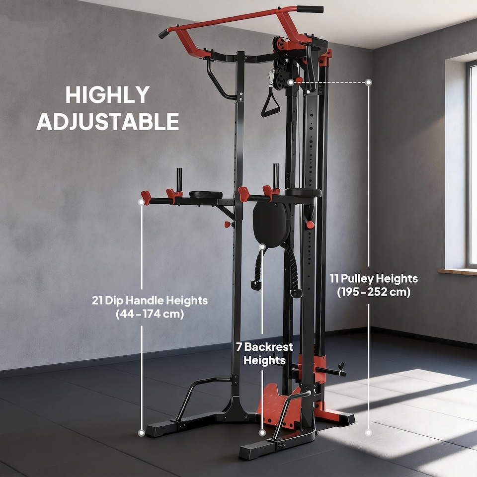 image 1 of SPORTNOW Power Tower with Lat Pull Down Machine, Pull Up Bar, Dip Station | Black | Black and Red | 100W x 110D x 225H cm
