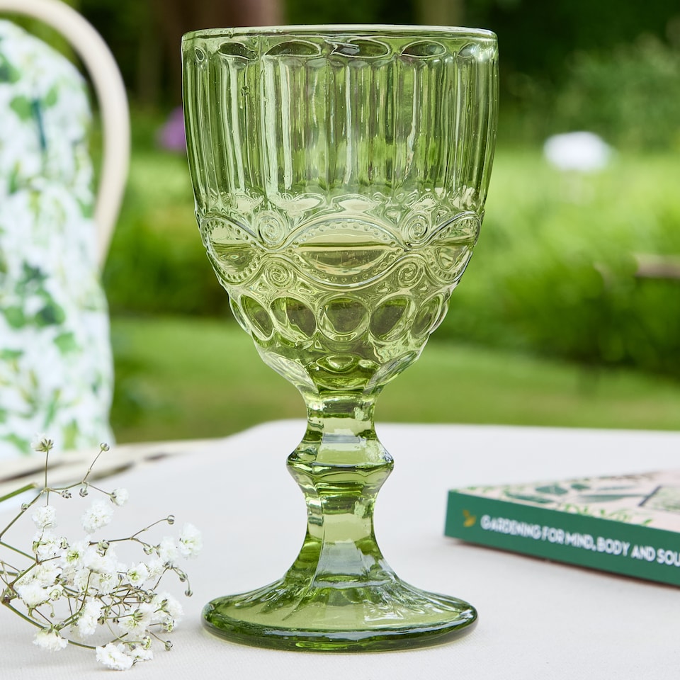 image 1 of Set of 4 Mix Match Embossed Palazzo Coloured Glass Wedding Decor Glassware Wine Goblets 350ml