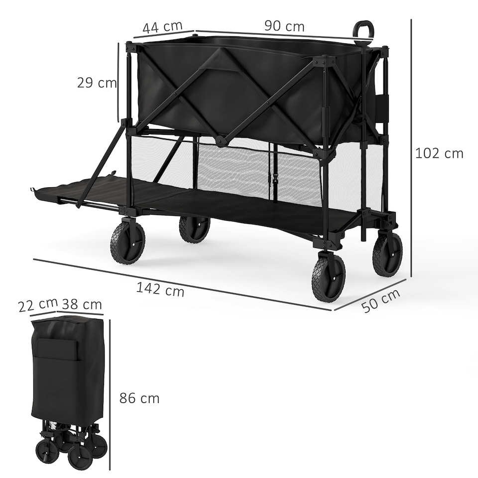 image 1 of Outsunny Double Decker Folding Trolley Cart on Wheels, 200KG Capacity Black