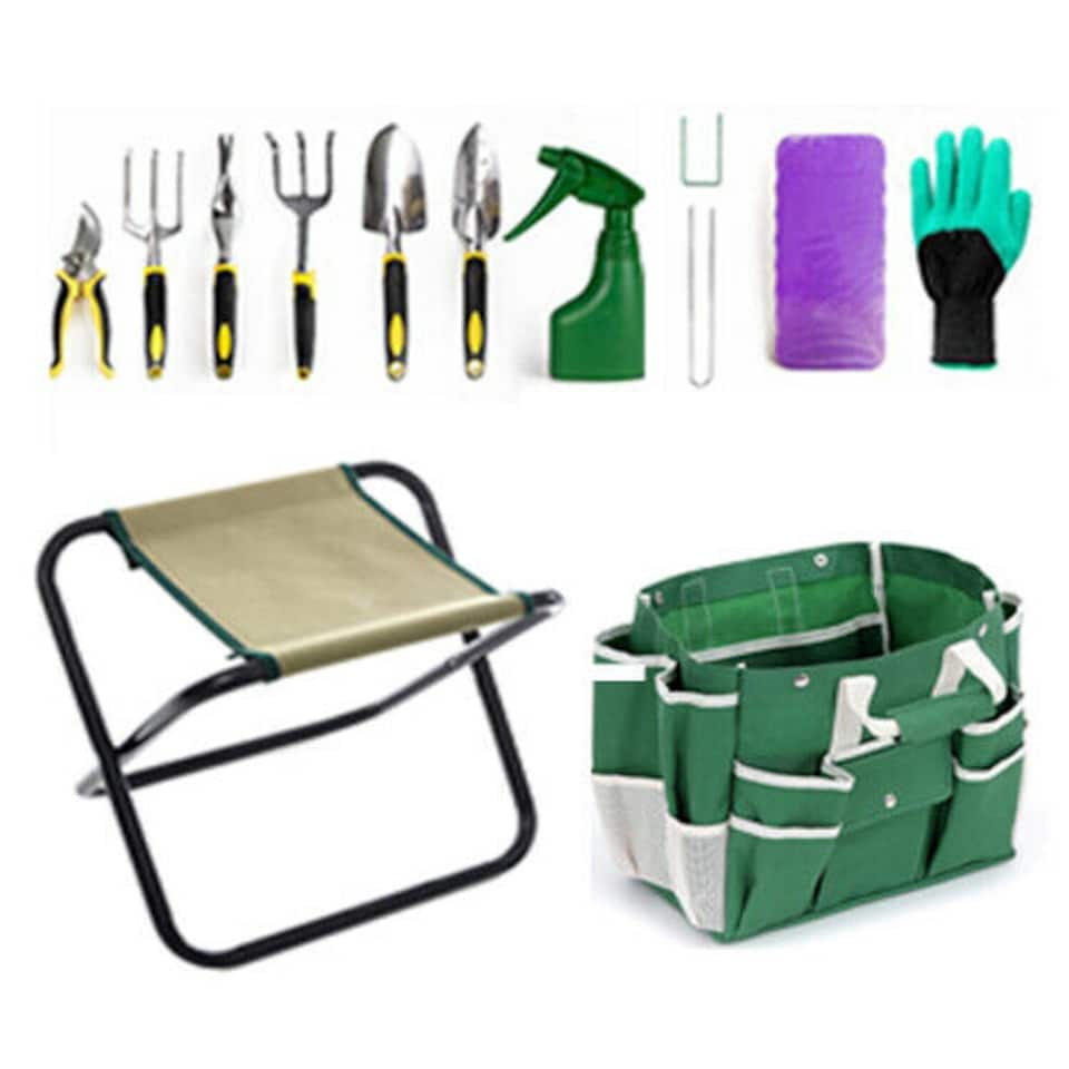 image 1 of 11 Piece Heavy Duty Garden Tool Set & Kit with Stool