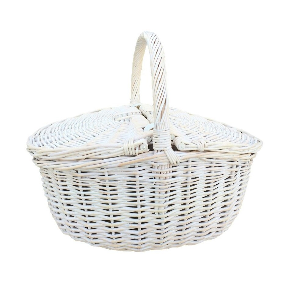 image 1 of White Wash Finish Oval Wicker Basket with Lining Blue | Blue | One Size
