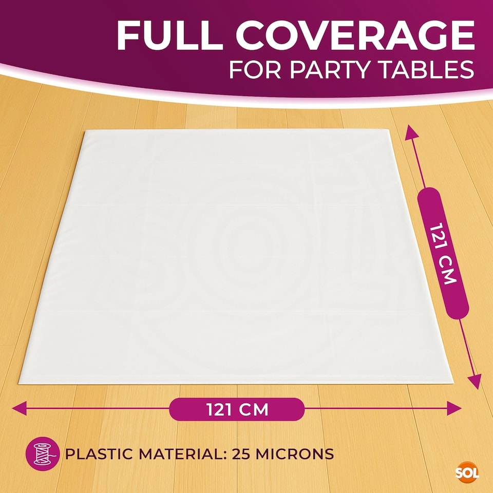 image 1 of 3pk White Tablecloths 121×121cm – Disposable Plastic Party Covers with Heavy Duty Spill Protection for Weddings, Buffets & Events