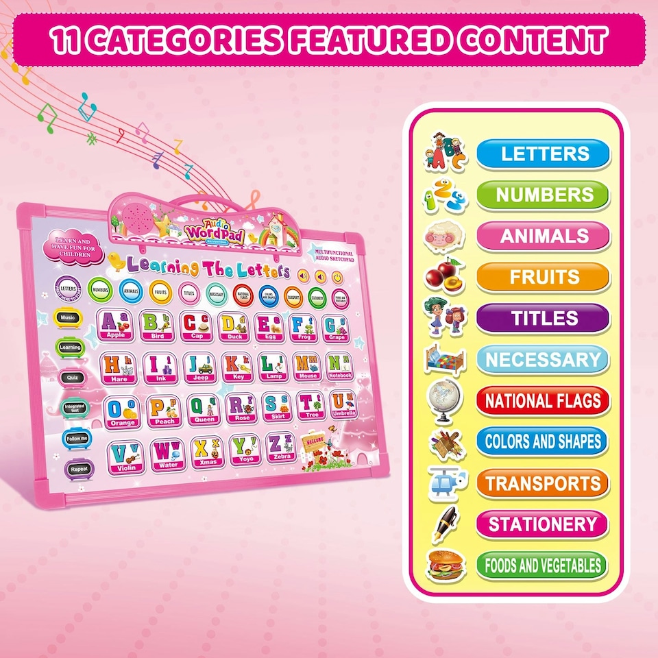 image 1 of Kids Audio WordPad Interactive Talking Educational Poster for Toddlers Learn Alphabet Numbers Animals Shapes and More