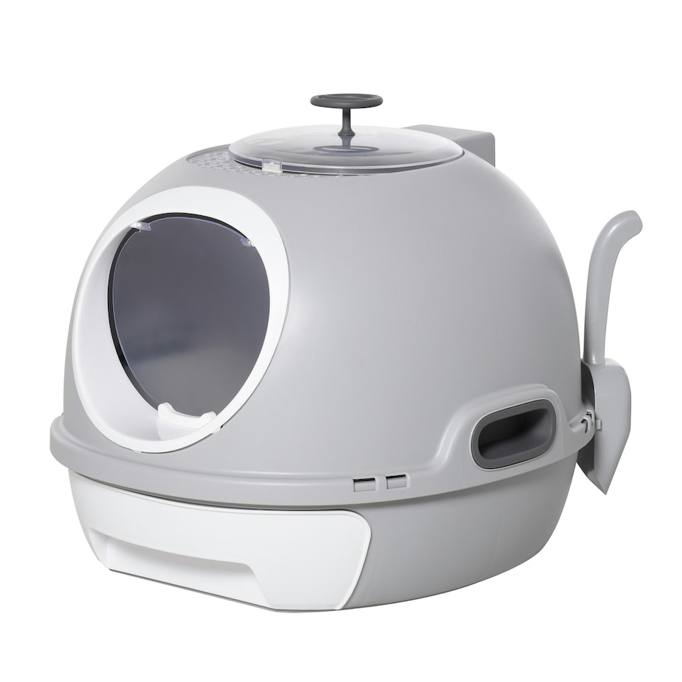 image 1 of PawHut Futuristic Capsule-Shaped Cat Litter Box w/ 2 Doors Scoop Drawer Grey