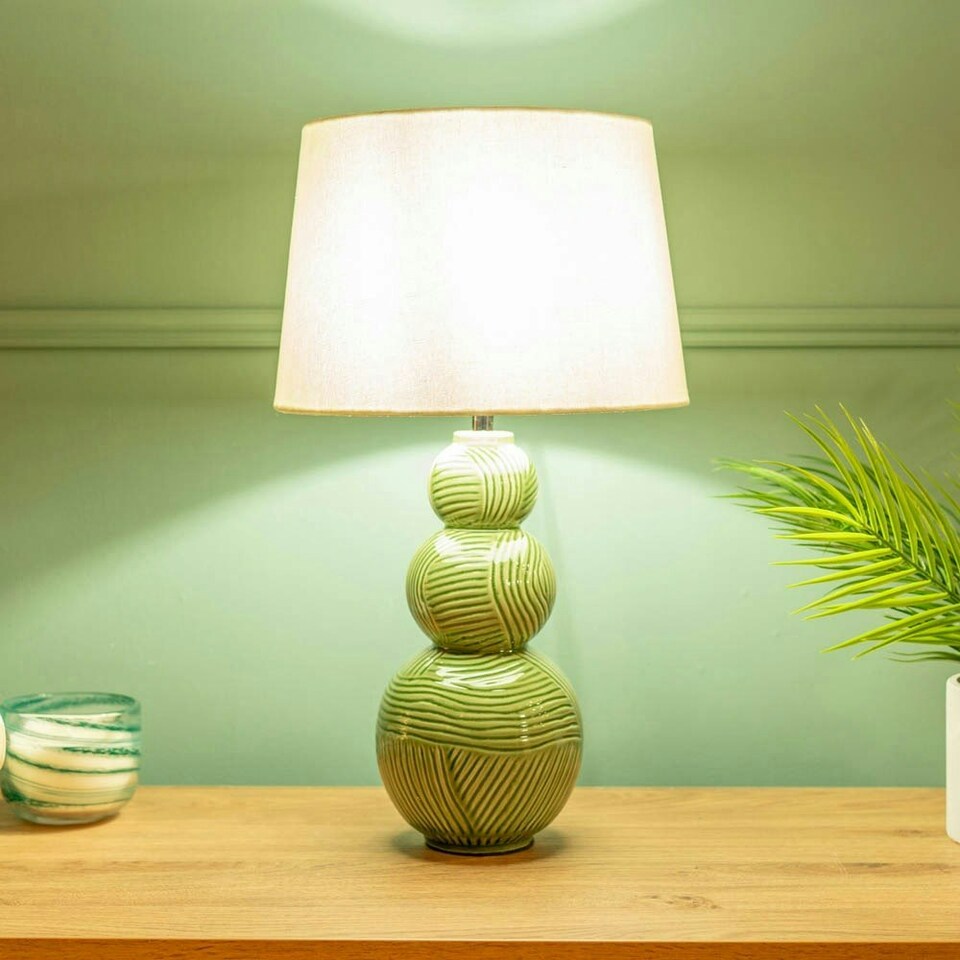 image 1 of ValueLights Avery Green Ceramic Stacked Balls Table Lamp with a White Tapered Fabric Shade - Bulbs Included