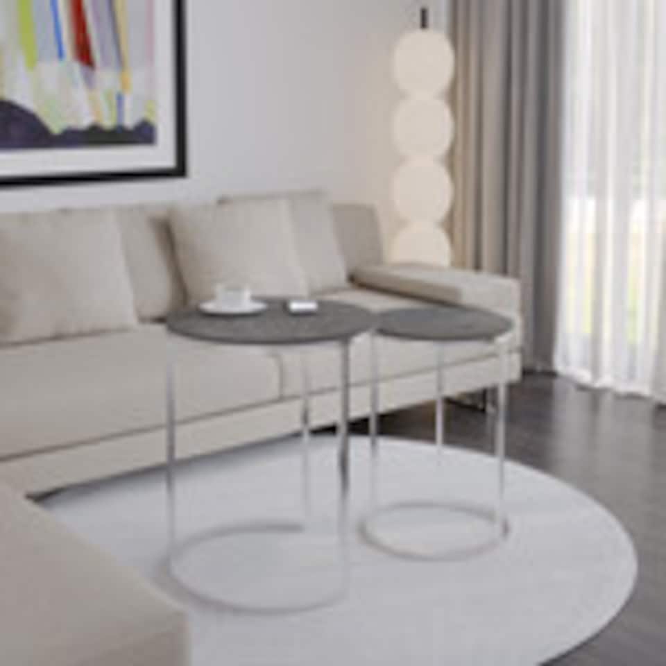image 1 of 2Pc Round Nesting Stackable Sofa Side Bedside End Table Set Wood Top Metal Legs | Multi | Black Marble Top with Chrome Legs